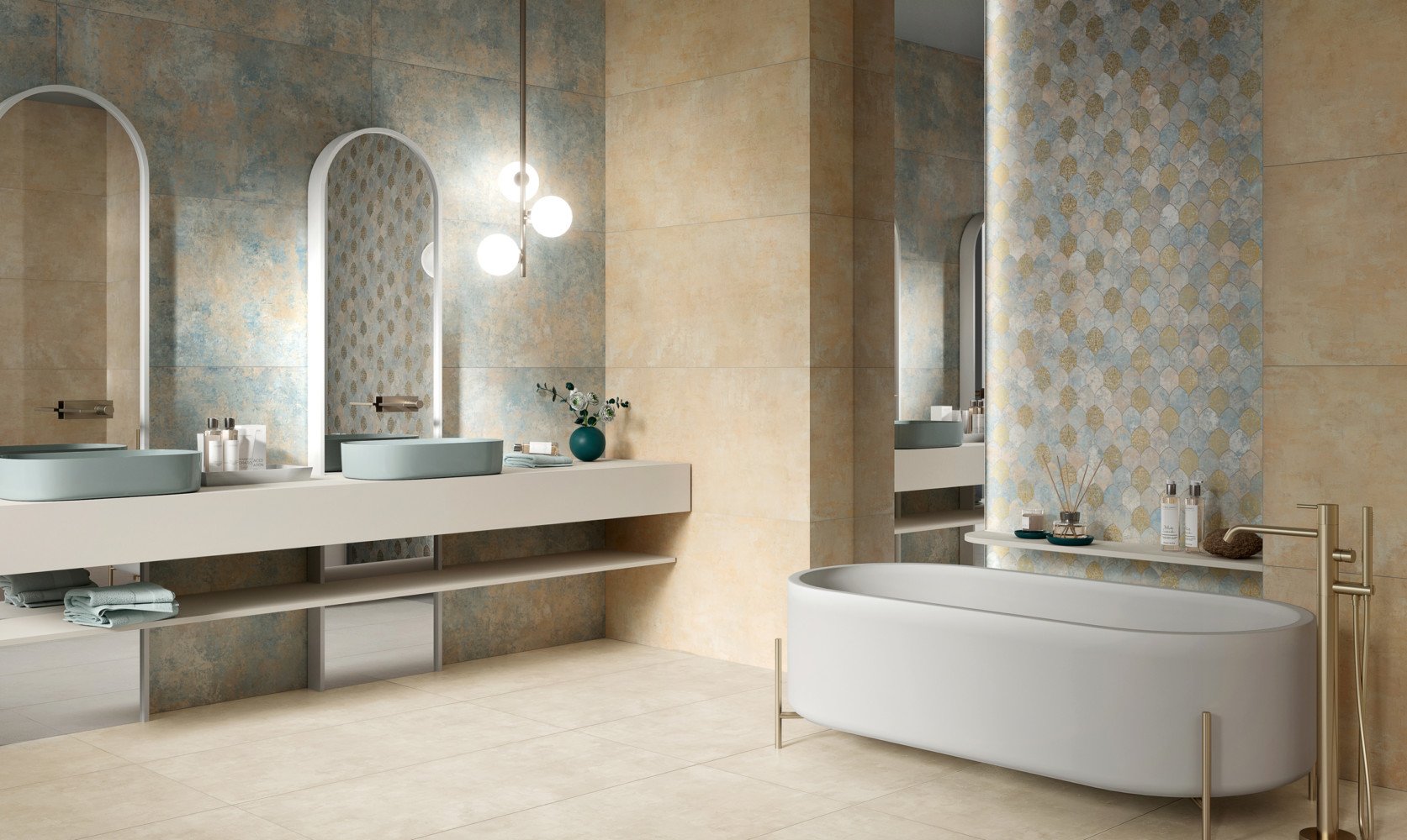 Pavimento Rivestimento 60x120 rettificato in gres fine Multicolore posata in ambiente arredato, dettaglio della venatura