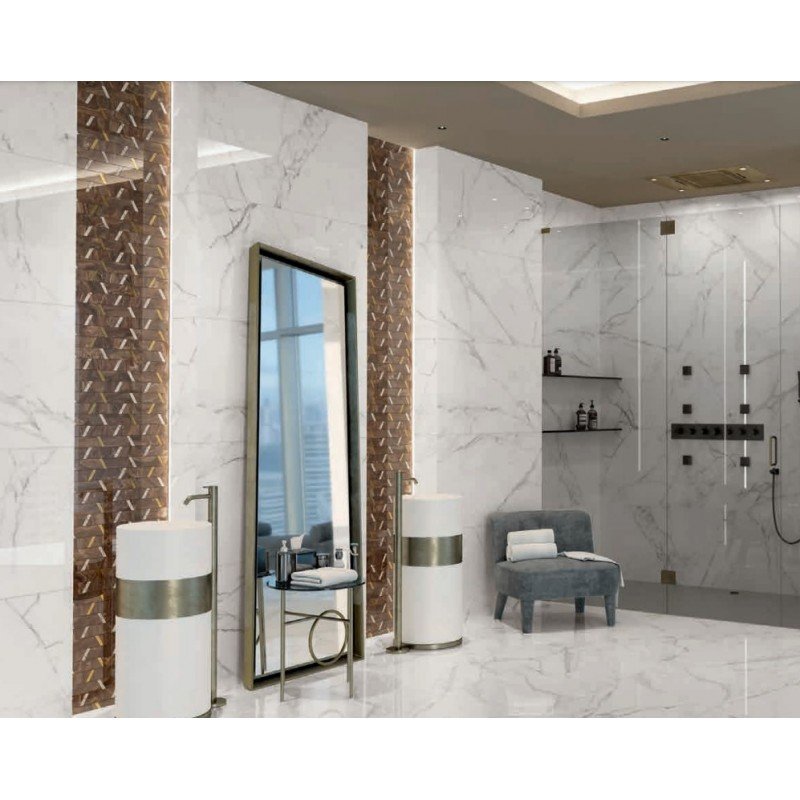 Pavimento rivestimento 60x60 effetto marmo rettificato 7 mm White posata in ambiente arredato, dettaglio della venatura