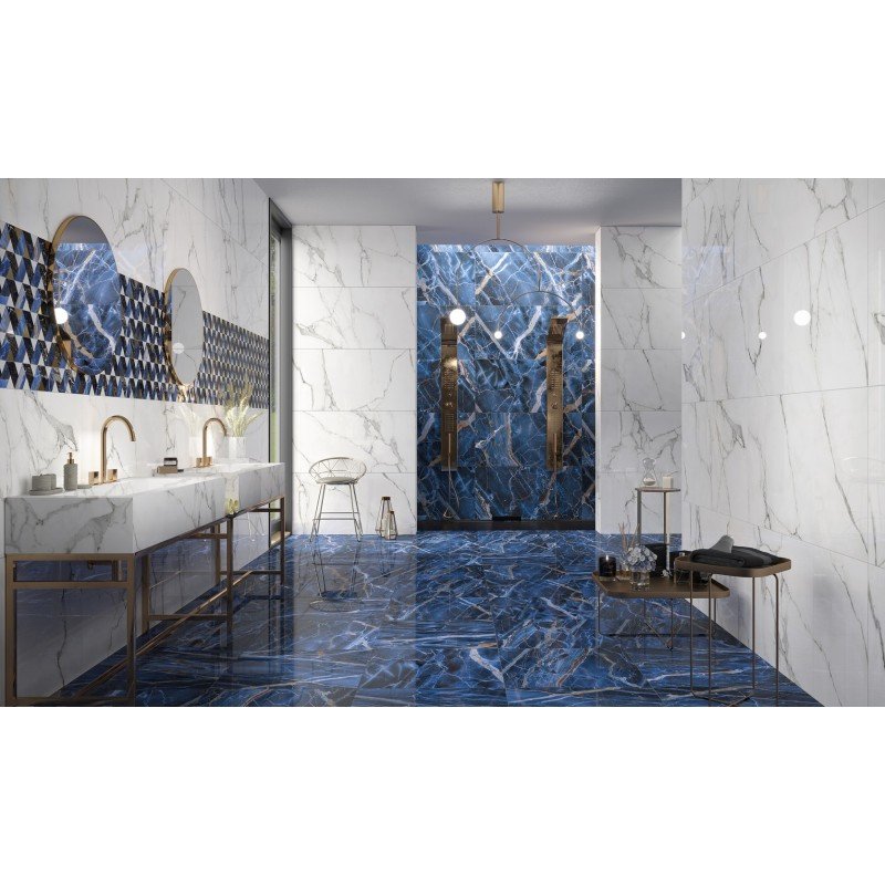 Pavimento rivestimento 60x60 effetto marmo rettificato 7 mm Blu posata in ambiente arredato, dettaglio della venatura