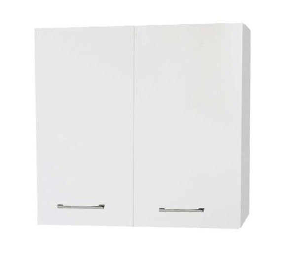 Armadietto bagno 68x22 bianco lucido con maniglie cromo con lavabo e rubinetteria, vista frontale su sfondo neutro...