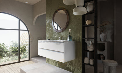 Mobile bagno 120x45 bianco opaco Pesaro due cassetti lavabo in mineralmarmo
