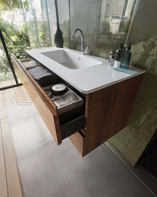 Mobile bagno noce chiaro 120x45 Pesaro lavabo in mineralmarmo lucido