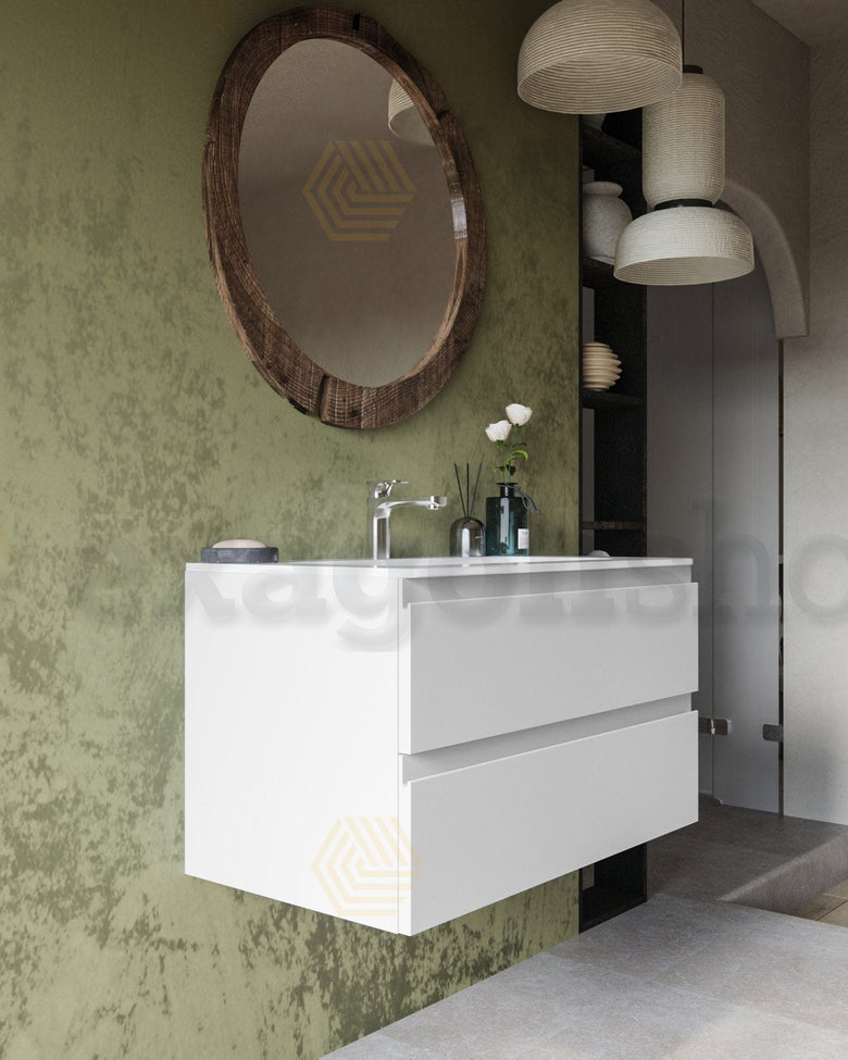 Mobile bagno 90x45 bianco opaco Pesaro lavabo in ceramica con lavabo e rubinetteria, vista frontale su sfondo neutro...