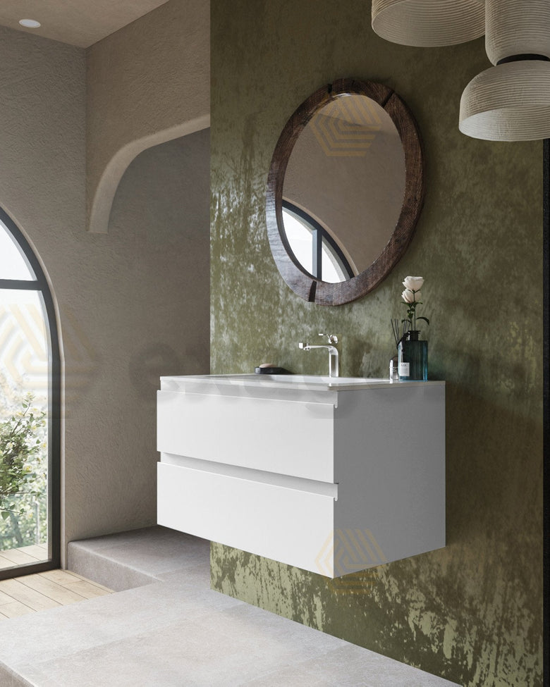 Mobile bagno 90x45 bianco opaco Pesaro lavabo in ceramica, dettaglio ravvicinato della finitura e del cassetto - Exagonshop