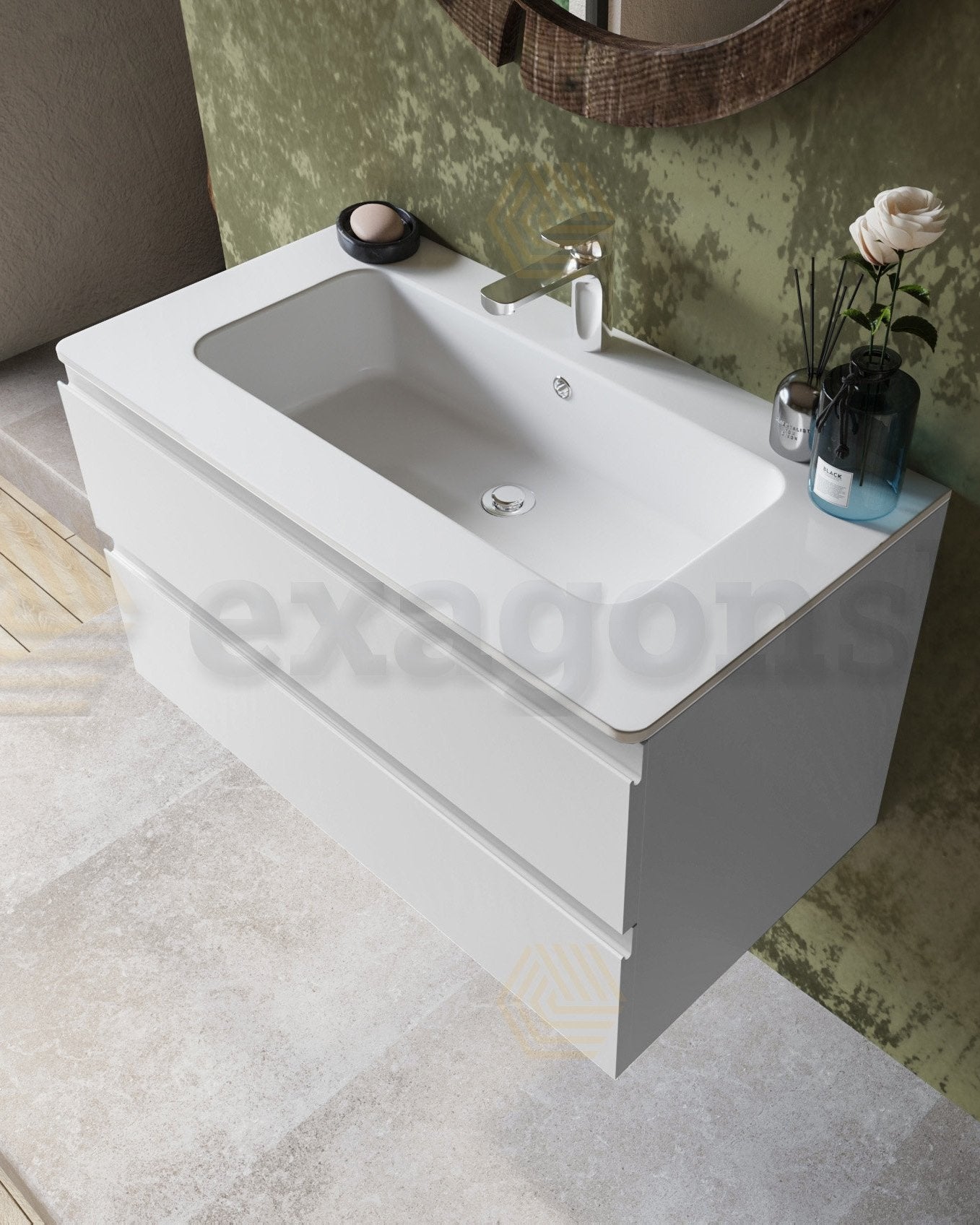 Mobile bagno 90x45 bianco opaco Pesaro lavabo in ceramica, vista dall'alto del piano con lavabo - Exagonshop