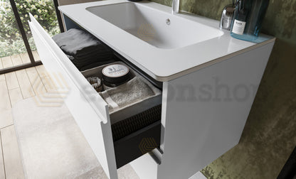 Mobile bagno 90x45 bianco opaco Pesaro due cassetti lavabo in ceramica