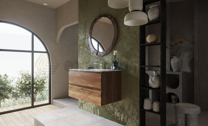 Mobile bagno noce chiaro 90x45 Pesaro due cassetti con lavabo in ceramica