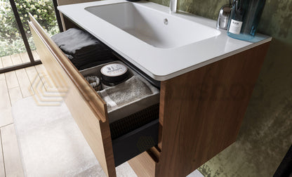 Mobile bagno noce chiaro 90x45 Pesaro due cassetti con lavabo in ceramica