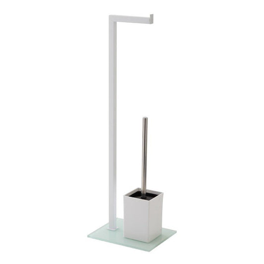 Piantana porta rotolo e portascopino in acciaio con base in vetro temperato bianco