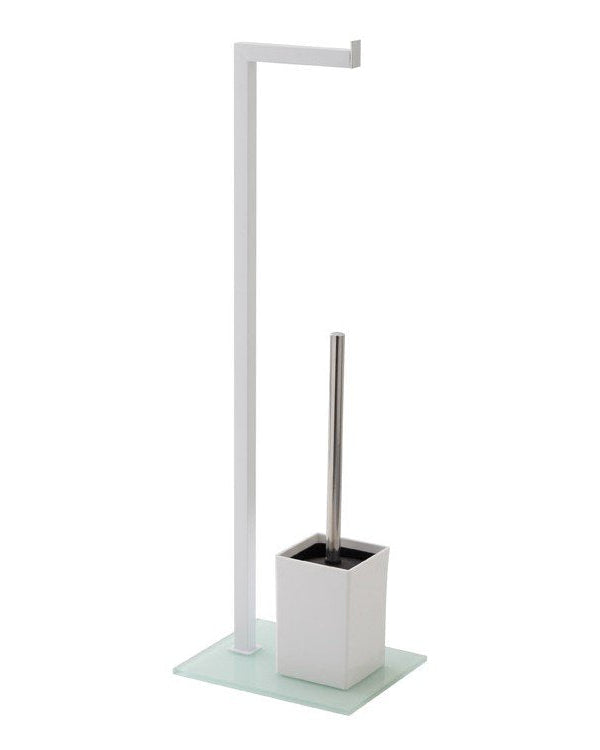 Piantana portarotolo portascopino bianco con base in vetro, vista laterale del profilo a muro - Exagonshop