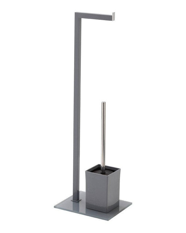 Piantana portarotolo e portascopino grigio con base in vetro, vista laterale del profilo a muro - Exagonshop