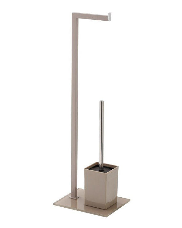 Piantana portarotolo e portascopino tortora con base in, dettaglio ravvicinato del materiale e dell'aggancio - Exagonshop