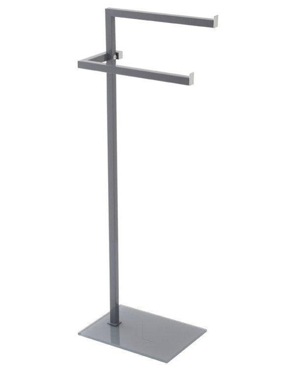 Piantana Portasciugamani grigio con base in vetro, dettaglio ravvicinato del materiale e dell'aggancio - Exagonshop