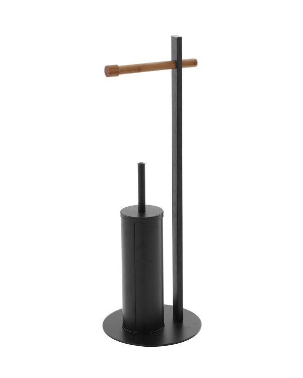 Piantana portascopino portarotolo in bamboo e acciaio nero Nero Opaco, dettaglio ravvicinato del materiale e...