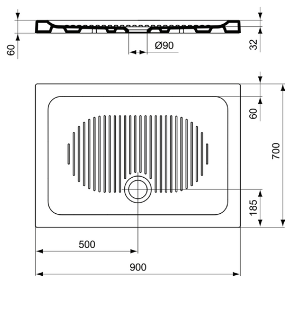 Piatto Doccia 90x70x6 antiscivolo Foro Di Scarico 90 in ceramica Bianco Europeo Connect T267001 Ideal Standard