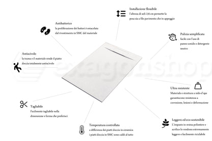 Piatto doccia 140x70 effetto pietra ardesia bianco in smc con piletta e copripiletta Trevi