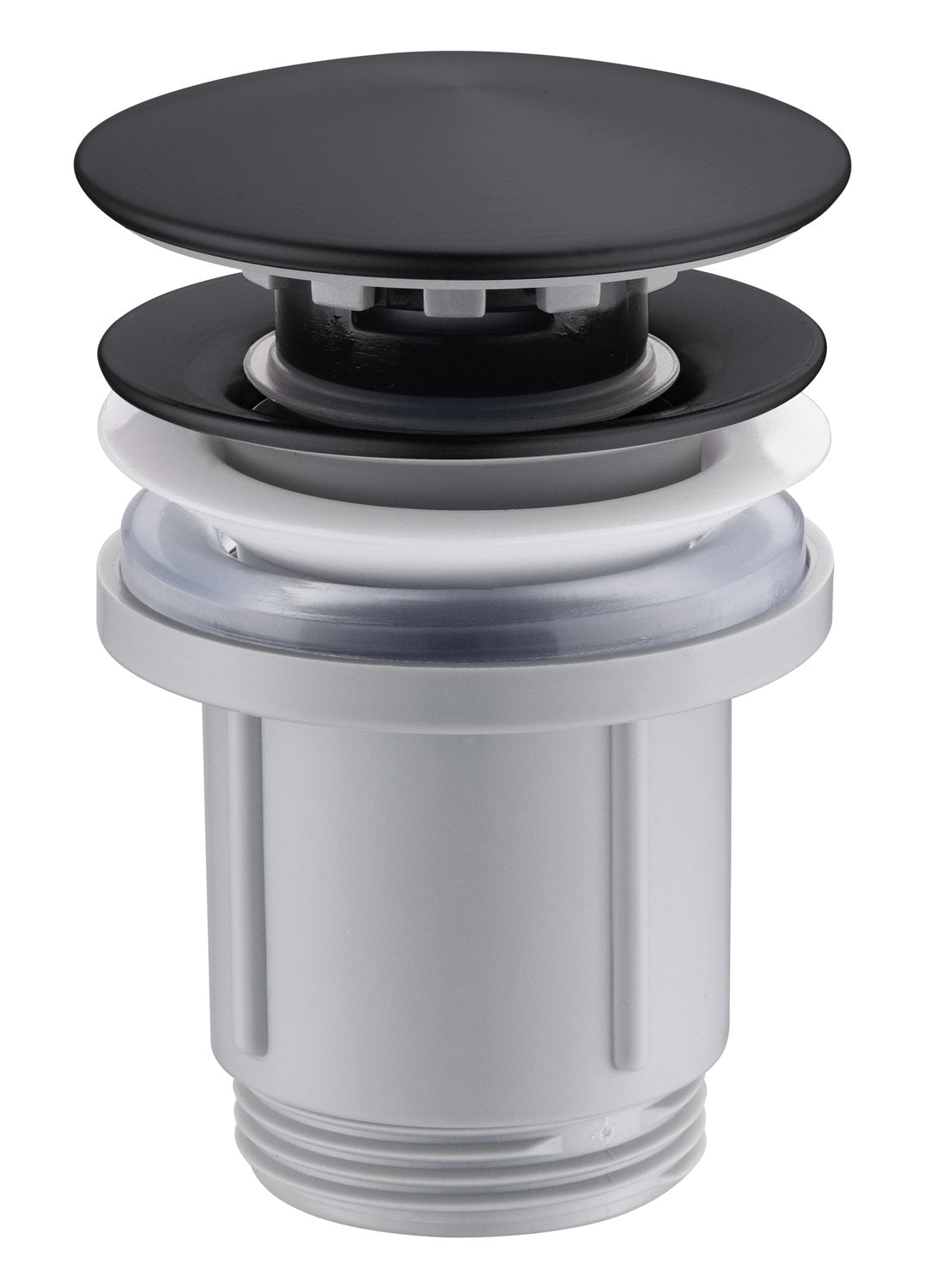Piletta clik clak per lavabo e bidet con troppopieno in pvc e acciaio nero opaco