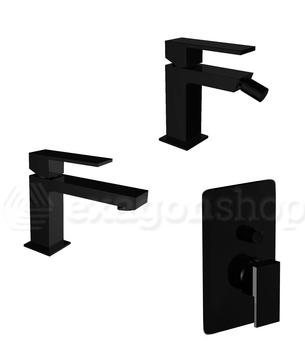 Teorema Pillar Set Miscelatori Lavabo Bidet E Doccia Nero ambientato in box doccia con pareti in vetro