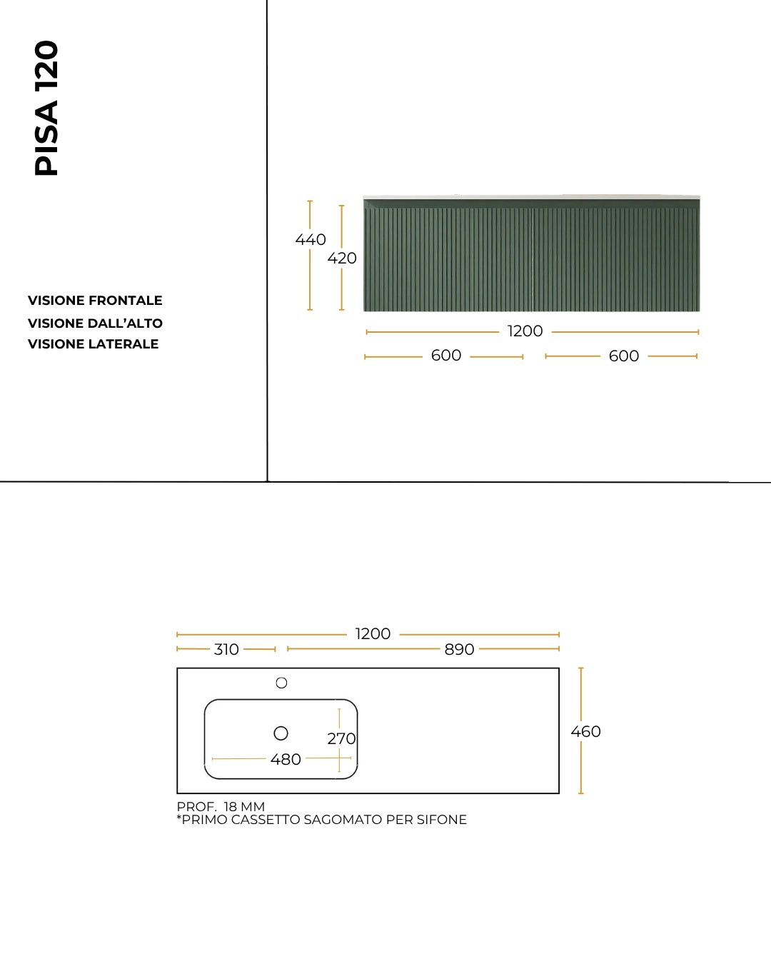 Mobile bagno cannettato 120X46 Pisa verde lavabo resina cassetti destro sinistra
