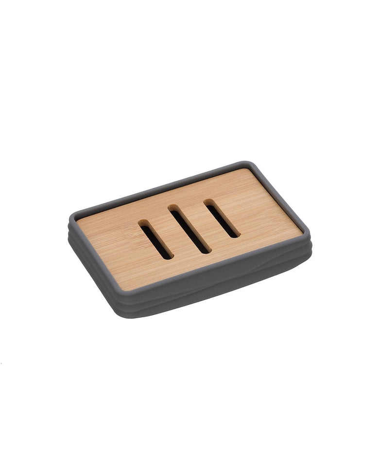 Portasapone in plastica ABS e bamboo grigio Alabama, dettaglio ravvicinato del materiale e dell'aggancio - Exagonshop