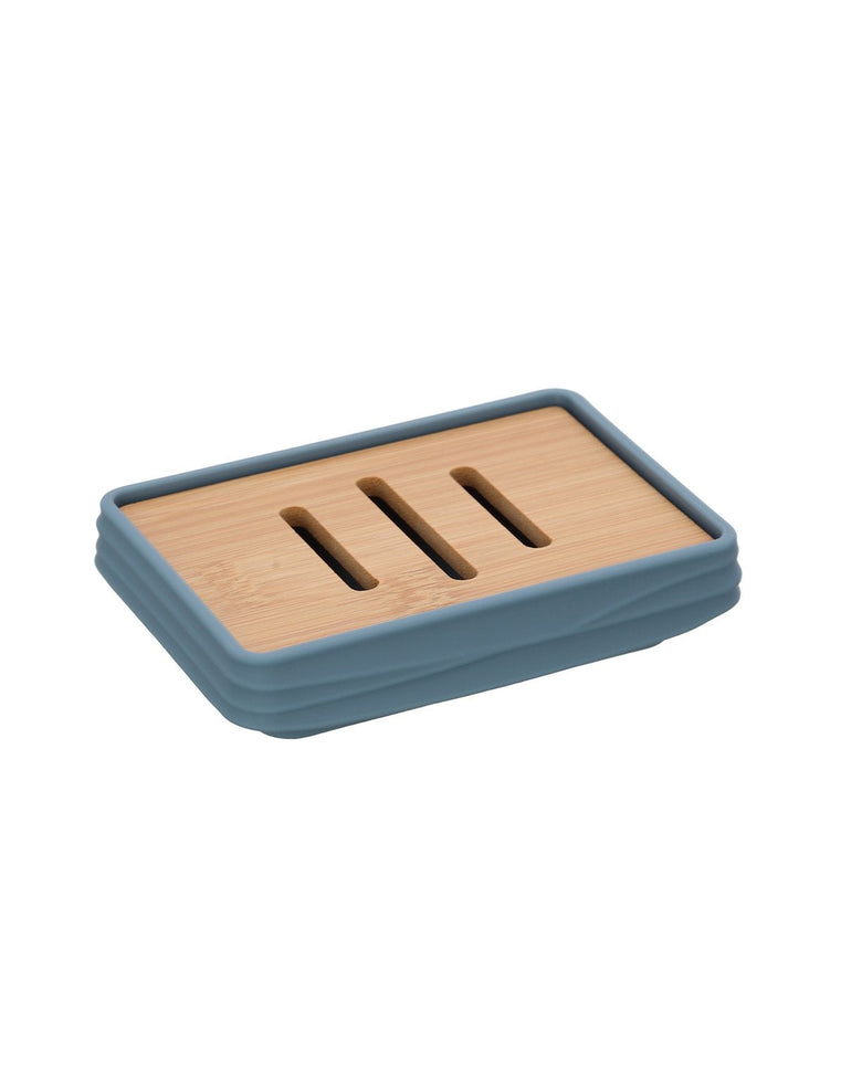 Portasapone in plastica ABS e bamboo blu pastello Alabama, dettaglio ravvicinato del materiale e dell'aggancio - Exagonshop