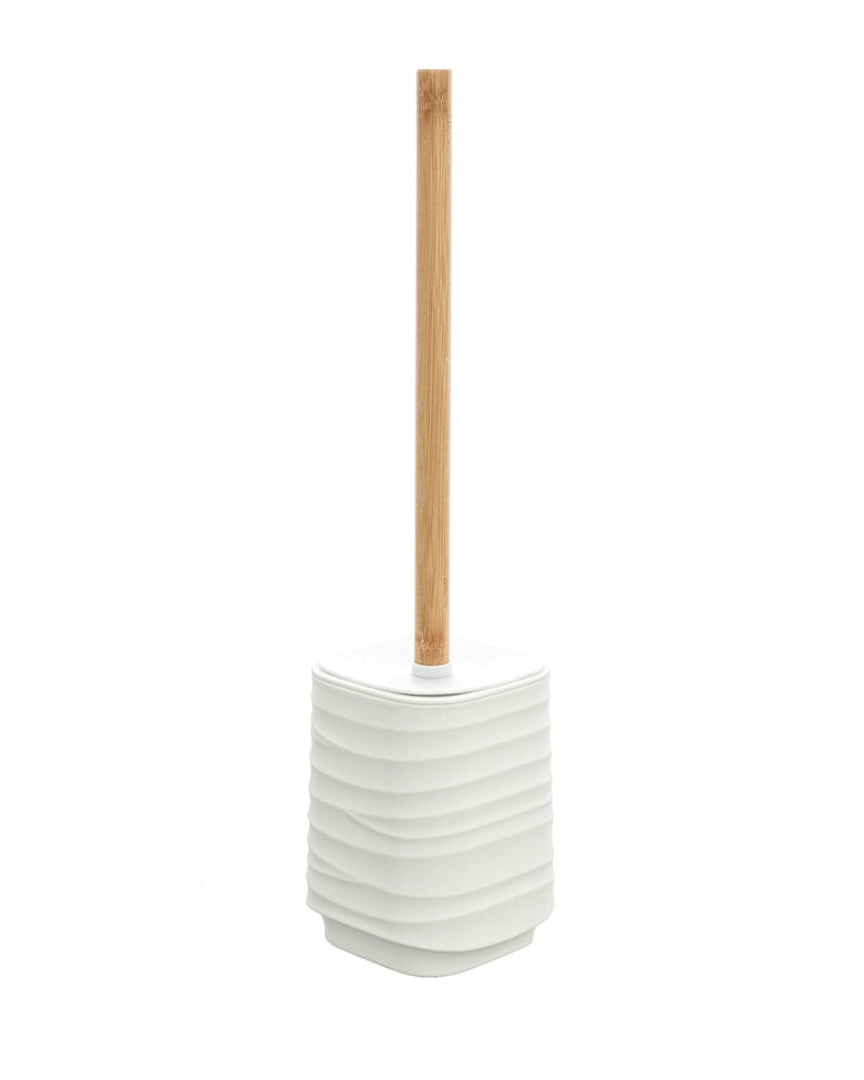 Portascopino in plastica ABS e bamboo bianco Alabama, dettaglio ravvicinato del materiale e dell'aggancio - Exagonshop