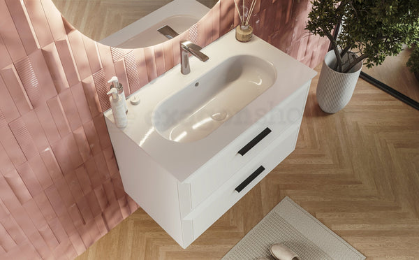 Mobile bagno bianco opaco 100x45 Praga due cassetti soft close con lavabo in ceramica