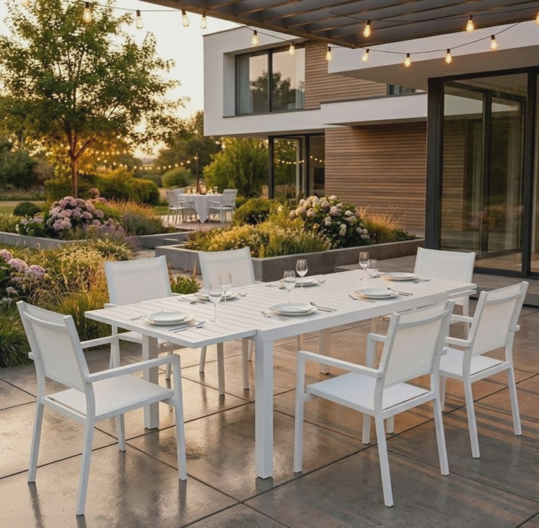 Tavolo da Giardino 160x100 allungabile con 6 sedie bianco, vista laterale della struttura e del profilo - Exagonshop