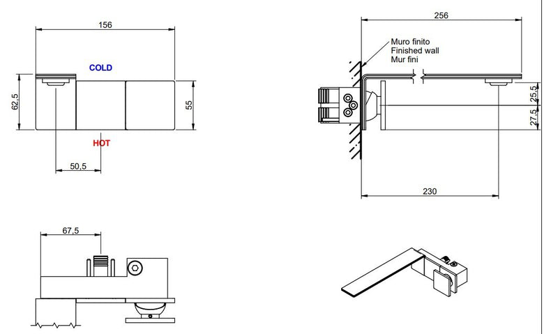 Treemme 5mm miscelatore lavabo a muro monocomando 23 cm Acciaio ambientato su piano bagno con accessori - Rubinetterie...