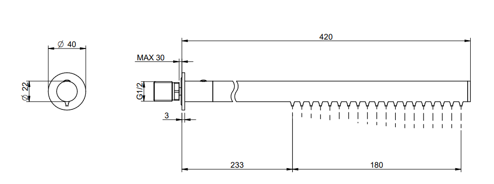 Treemme 22mm RWIT1147IS02 soffione stick a parete 36 cm in, dettaglio ravvicinato della finitura e del marchio...