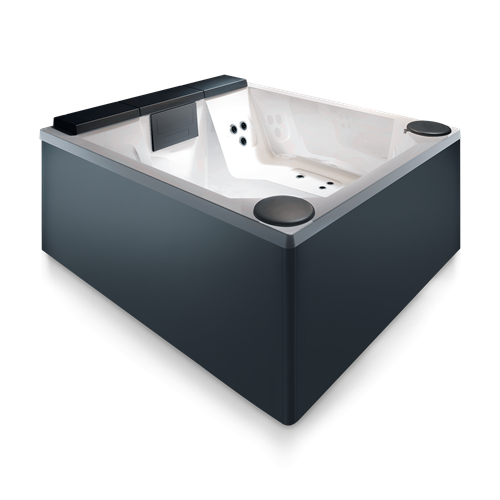Treesse Quarz Light 212 Minipiscina 212x190 Idromassaggio ambientato in spazio living con arredi coordinati