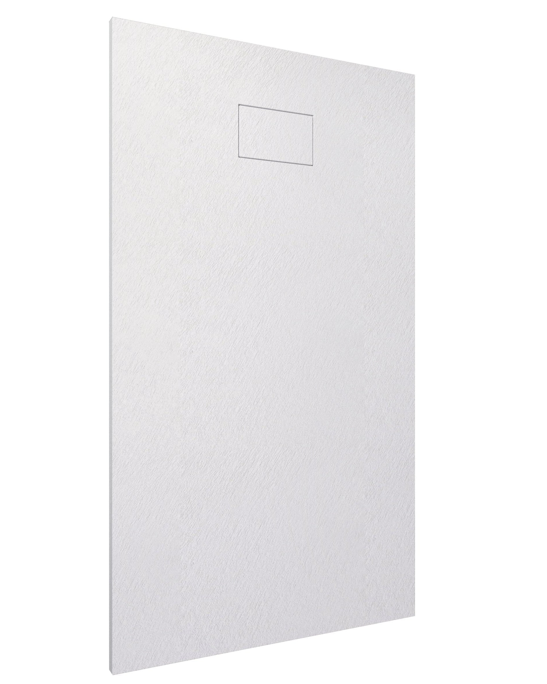 Piatto doccia 70x120 in smc effetto pietra ardesia bianco Bianco Opaco visto dall'alto con superficie e piletta di...