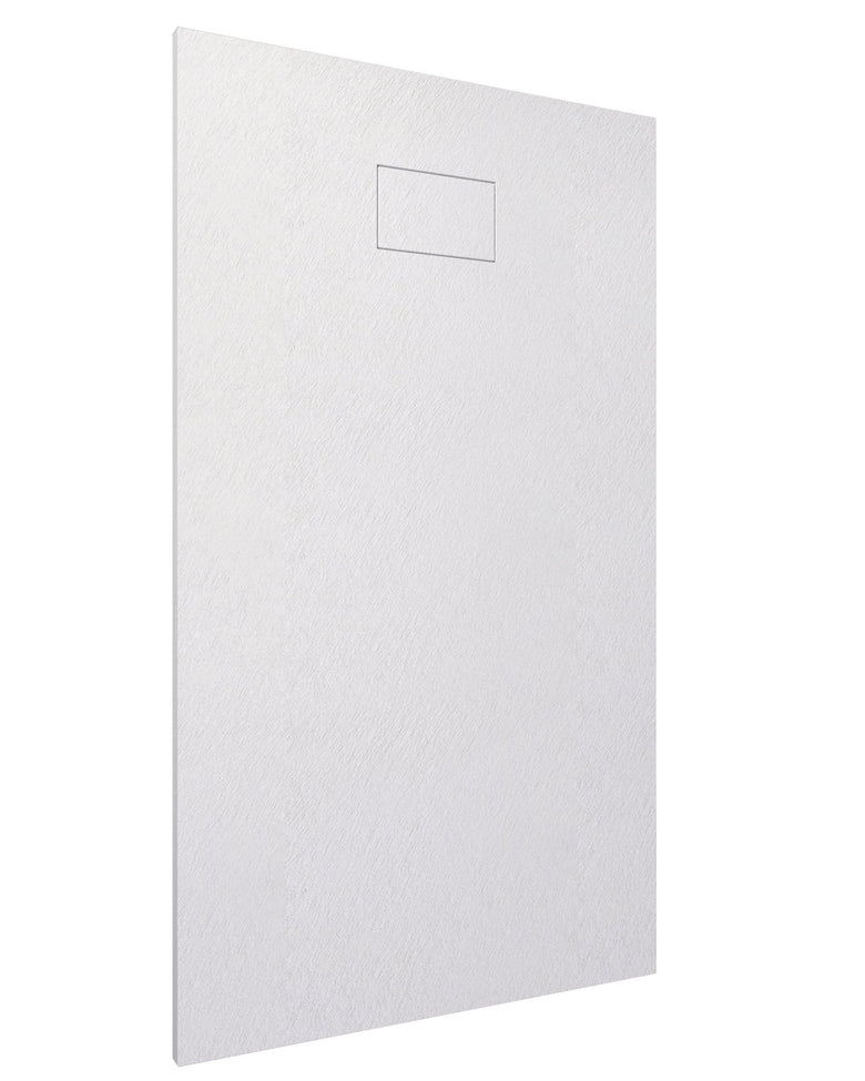 Piatto doccia 70x120 in smc effetto pietra ardesia bianco Bianco Opaco visto dall'alto con superficie e piletta di...