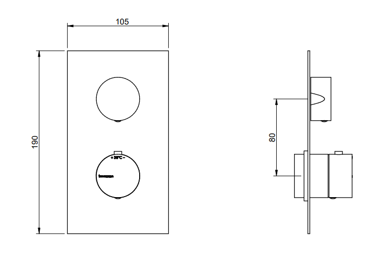 Disegno tecnico con quote di Treemme 22mm miscelatore doccia termostatico a muro 1 Acciaio - Rubinetterie Treemme