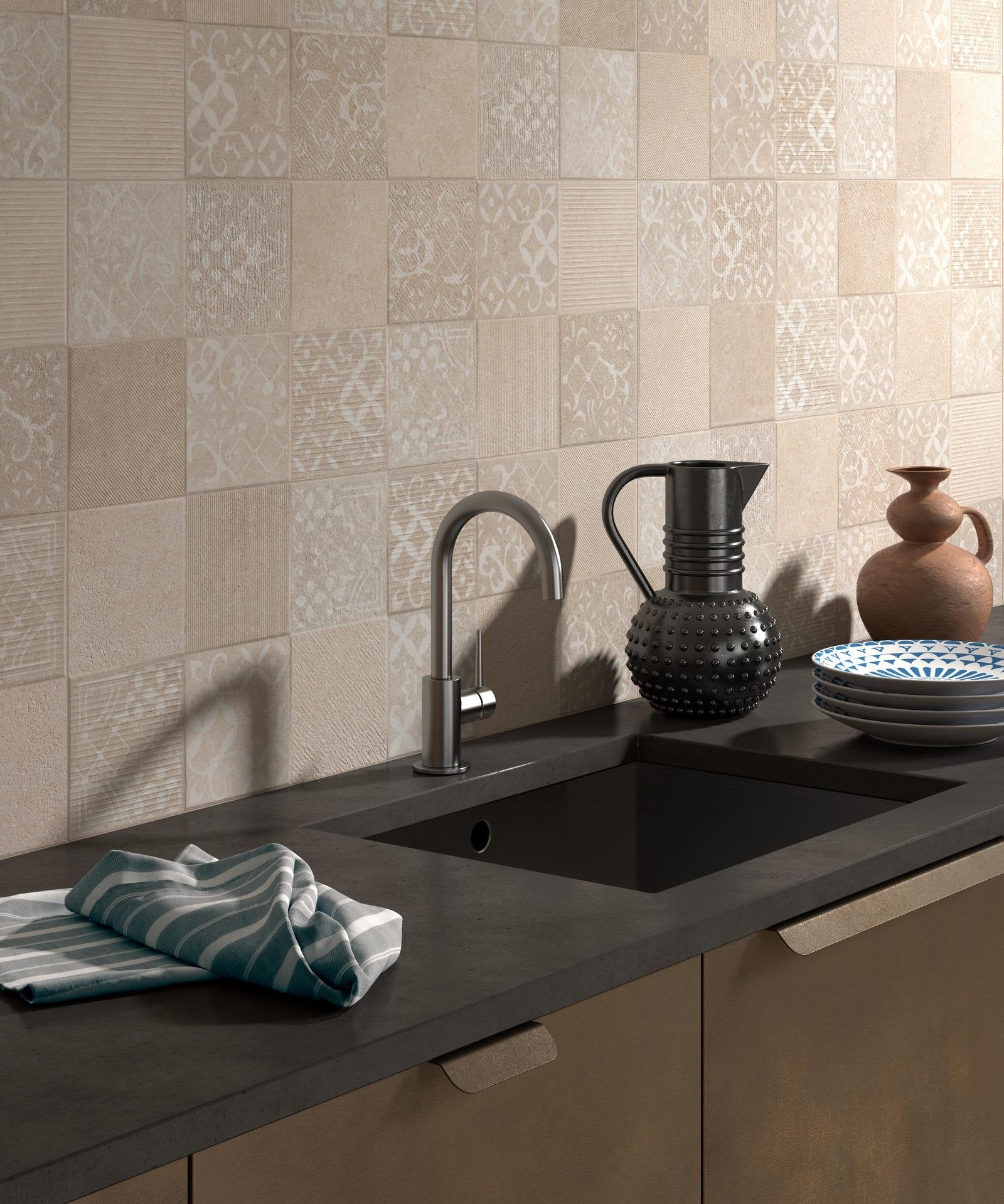 Rivestimento a decoro 30x90 sp 10 mm in pasta bianca 3D Beige posata in ambiente arredato, dettaglio della venatura