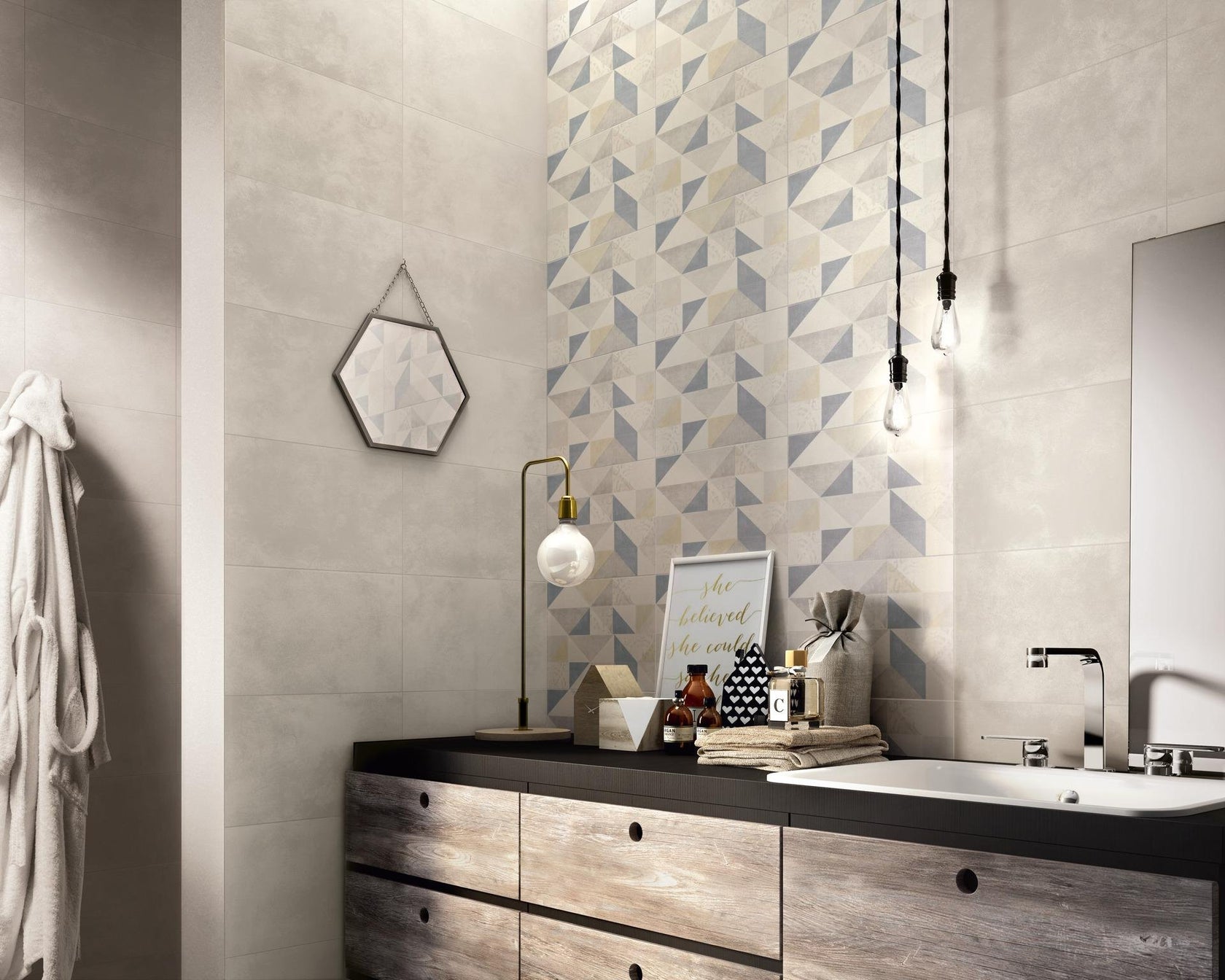 Rivestimento a decoro 25x38 in pasta bianca spessore 8,5 mm 00 Bianco posata in ambiente arredato, dettaglio della venatura