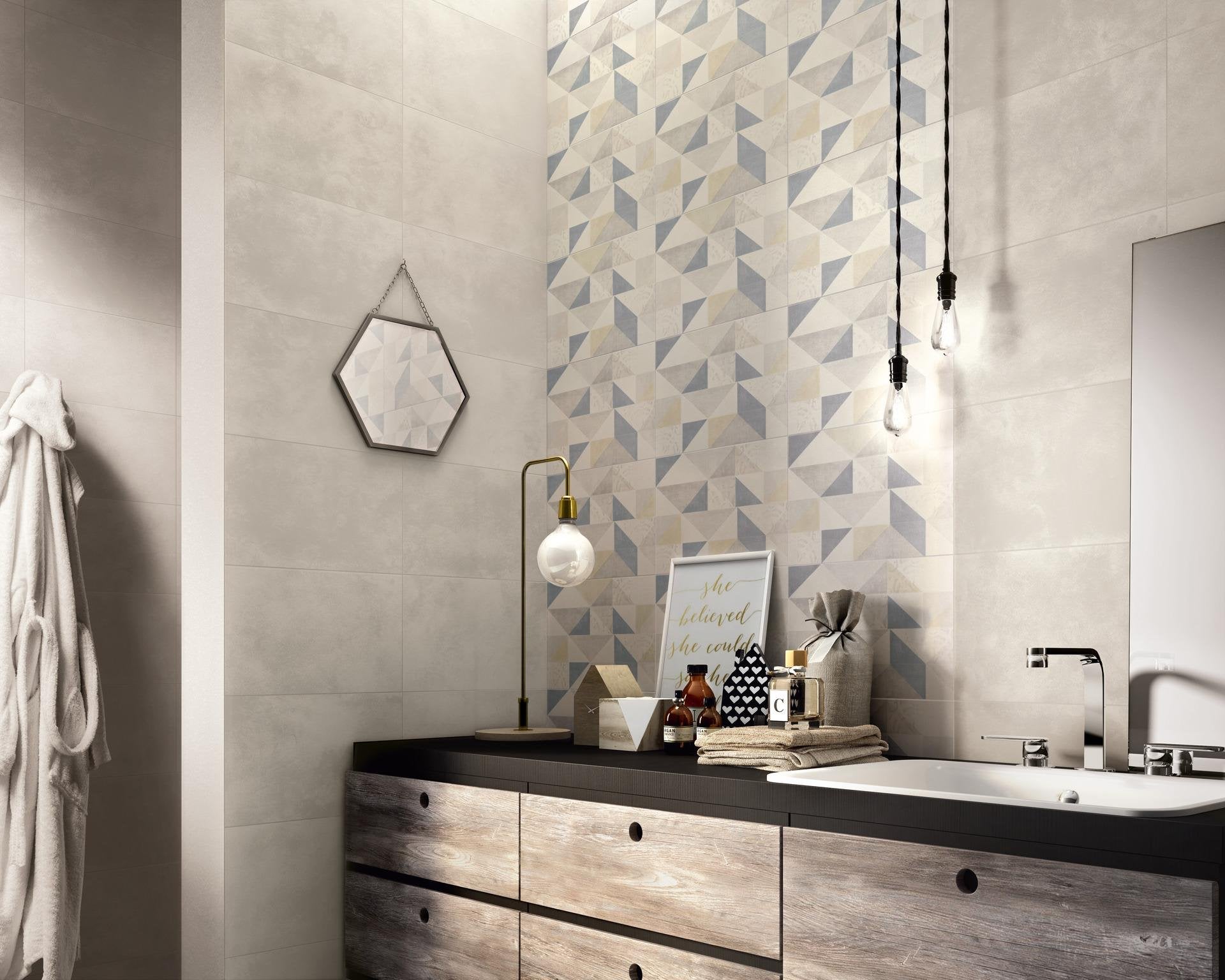 Rivestimento a decoro 25x38 in pasta bianca spessore 8,5 mm 00 Bianco posata in ambiente arredato, dettaglio della venatura