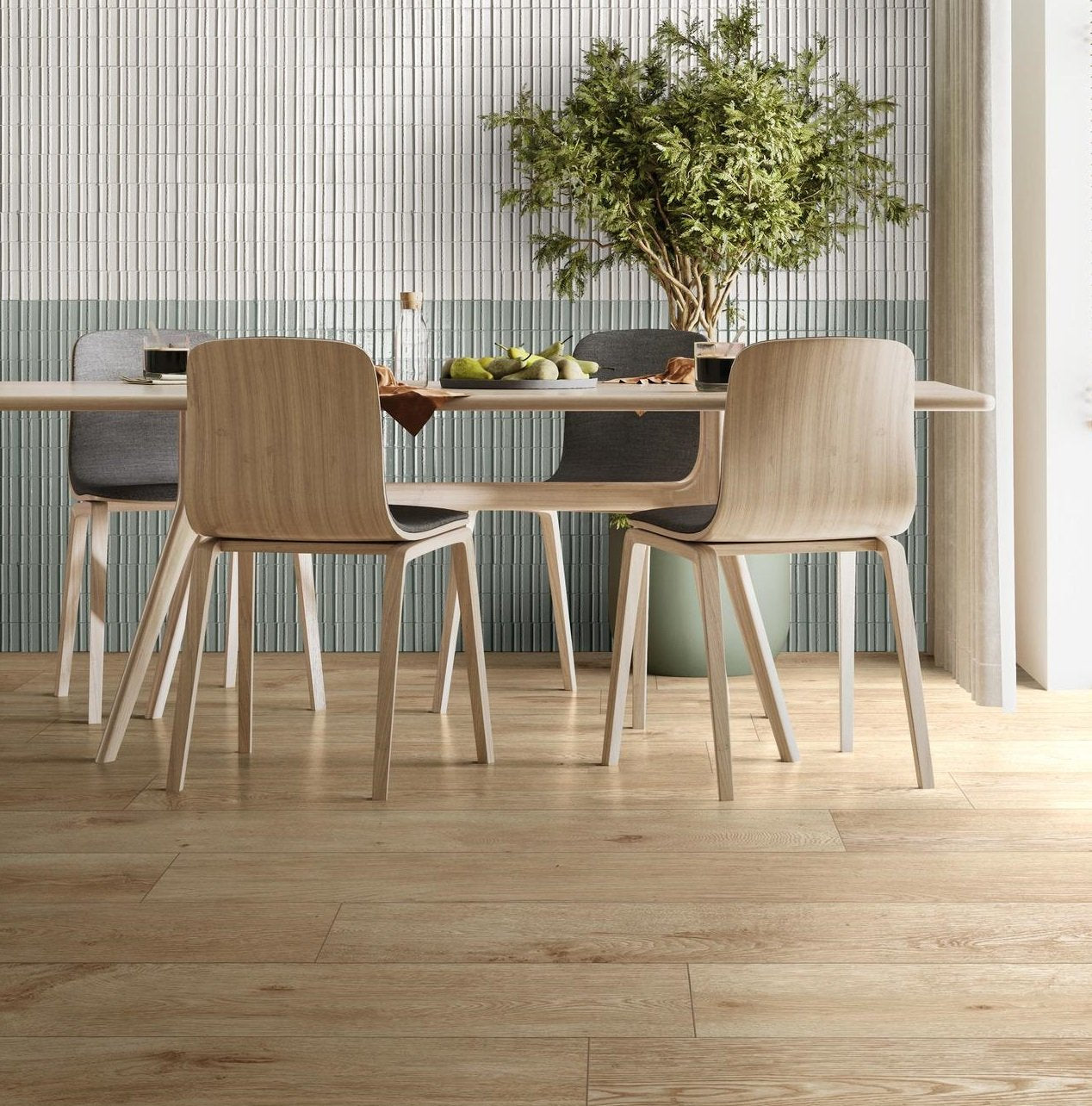 Ragno glace rivestimento 7x20 spessore 11,5 mm in gres posata in ambiente arredato, dettaglio della venatura