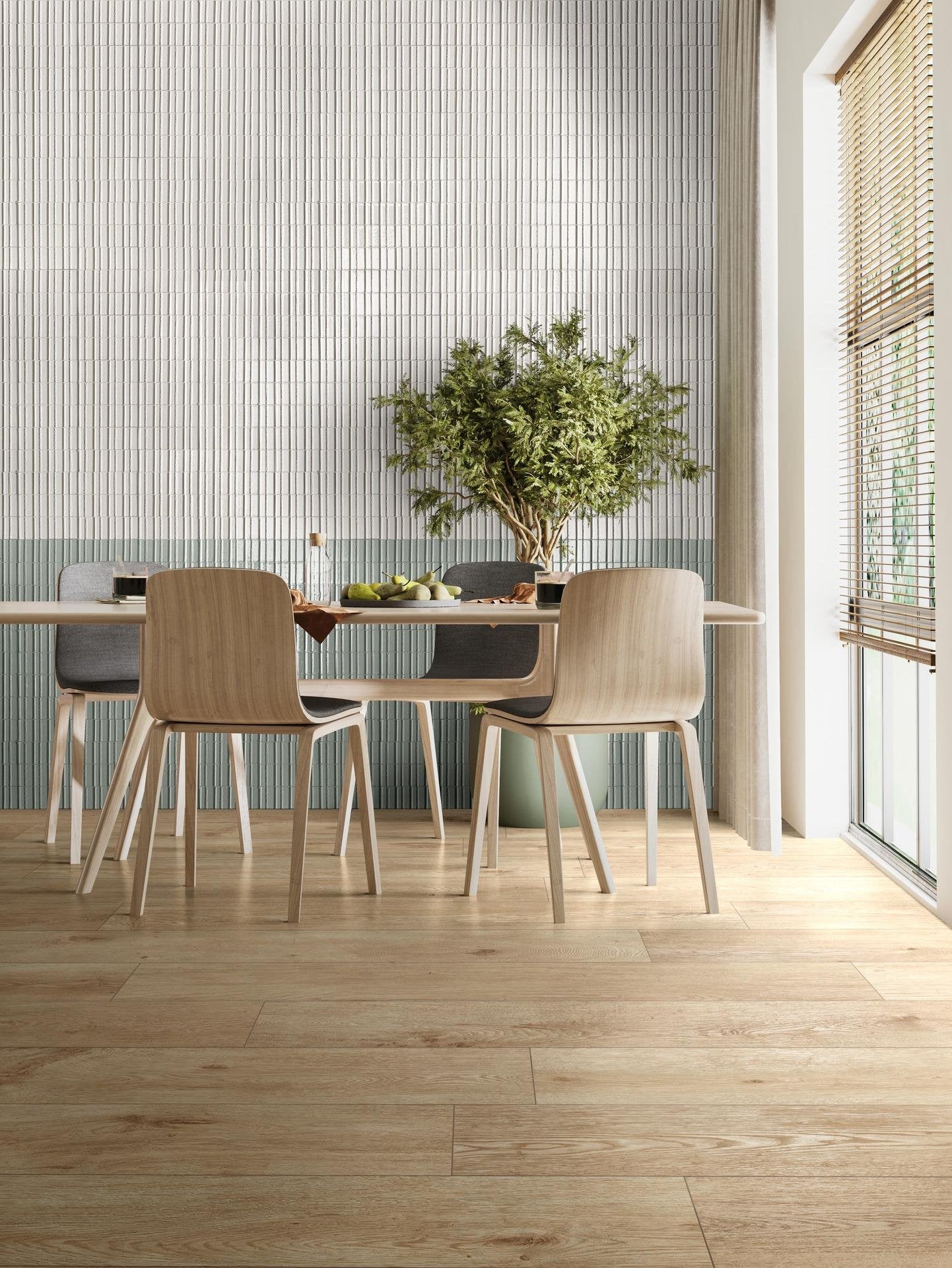 Ragno glace rivestimento 7x20 spessore 11,5 mm in gres in ambientazione completa, vista d'insieme della stanza
