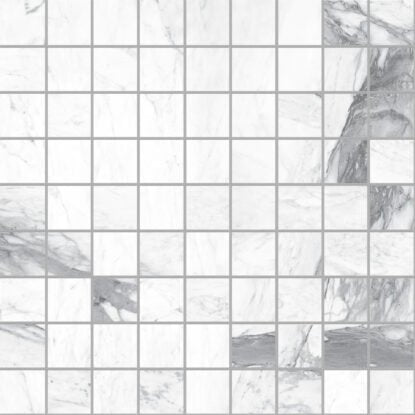 Pavimento rivestimento mosaico 30x30 in gres fine Marmo Bianco in porcellana, superficie e texture ravvicinata del gres