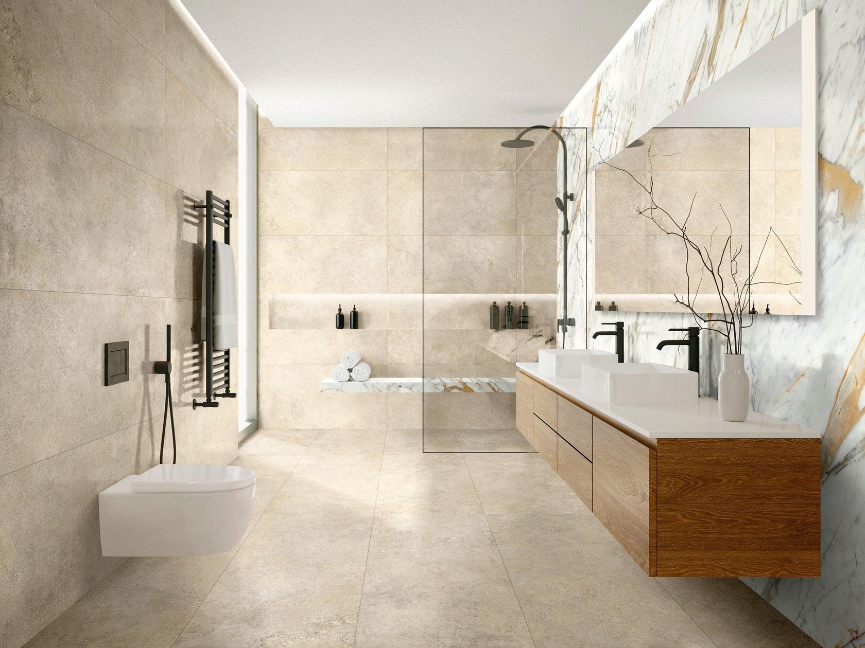 Ragno Kalkstone pavimento rivestimento 60x120 rettificato Sabbia posata in ambiente arredato, dettaglio della venatura