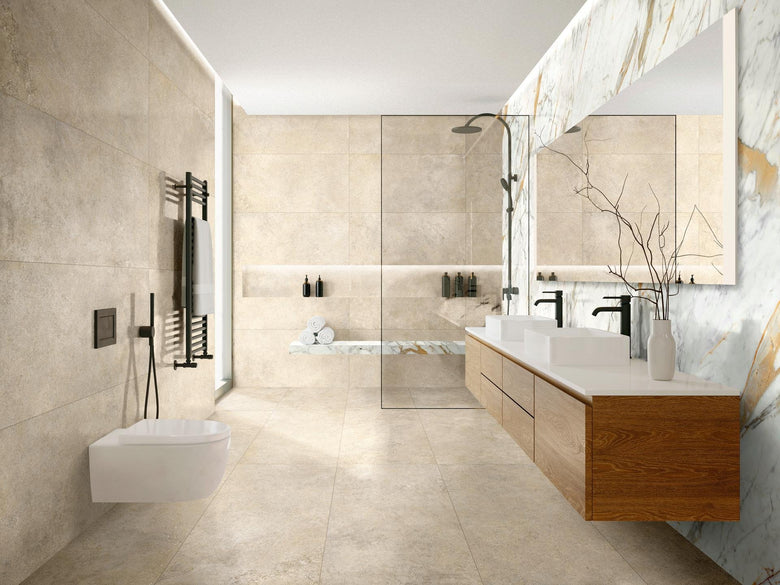 Ragno Kalkstone pavimento rivestimento 60x120 rettificato Sabbia posata in ambiente arredato, dettaglio della venatura
