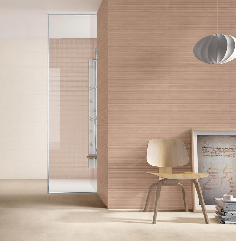 Rivestimento 25x76 Effetto Resina In Pasta Bianca Struttura posata in ambiente arredato, dettaglio della venatura