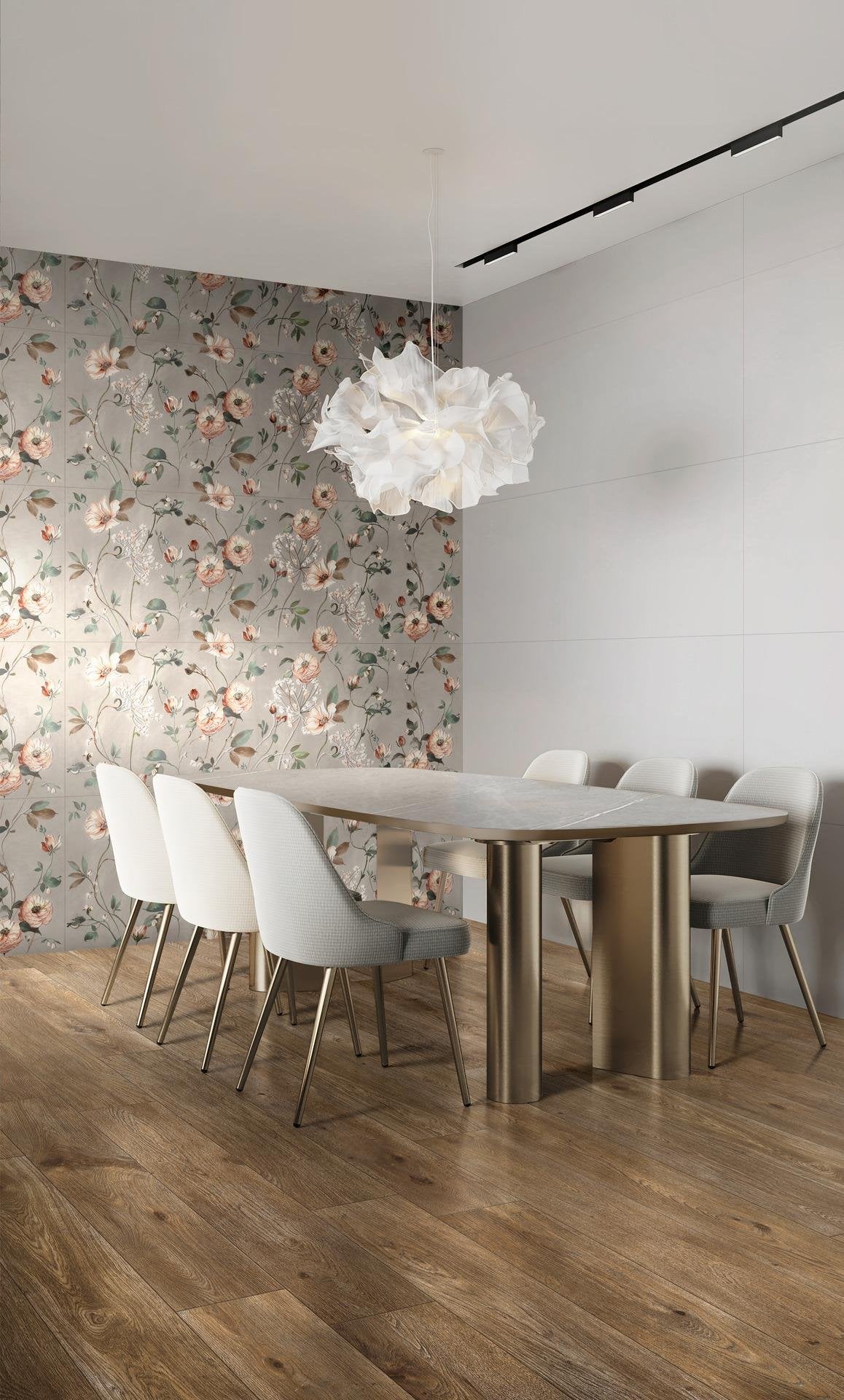 Ragno papers rivestimento 60x180 decorativo floreale Multicolore posata in ambiente arredato, dettaglio della venatura