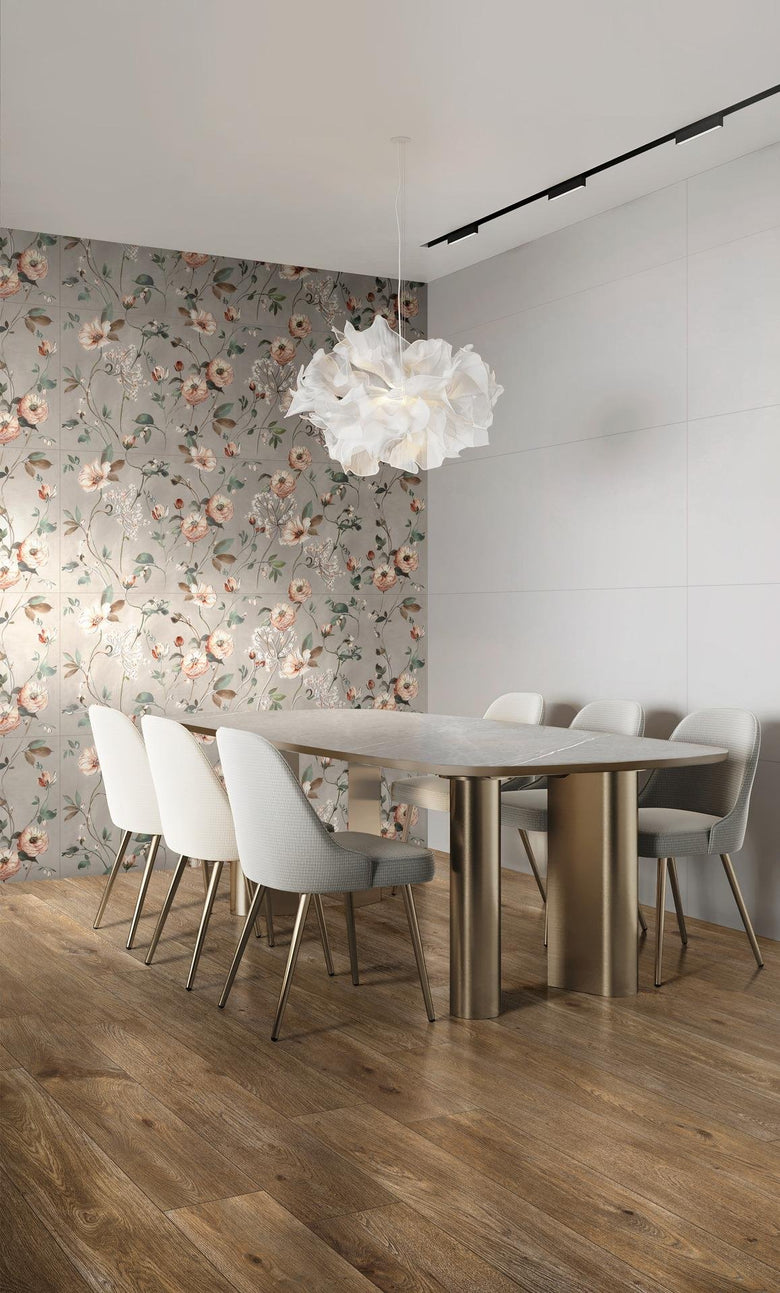 Ragno papers rivestimento 60x180 decorativo floreale Multicolore posata in ambiente arredato, dettaglio della venatura
