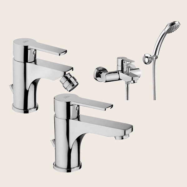 Paffoni Rubinetterie Red set Miscelatore Lavabo Bidet E in lucido visto dall'alto con superficie e piletta di scarico