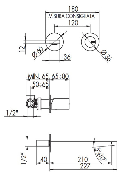 Bellosta Ludo Miscelatore Lavabo Da Parete Bocca 210 Mm senza parte incasso Cromo