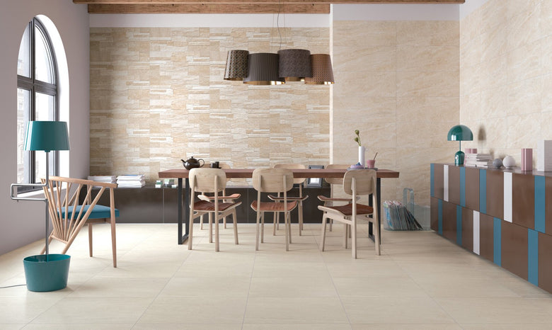 Rivestimento 32X80,5 in pasta bianca lias Lithos Naxos posata in ambiente arredato, dettaglio della venatura