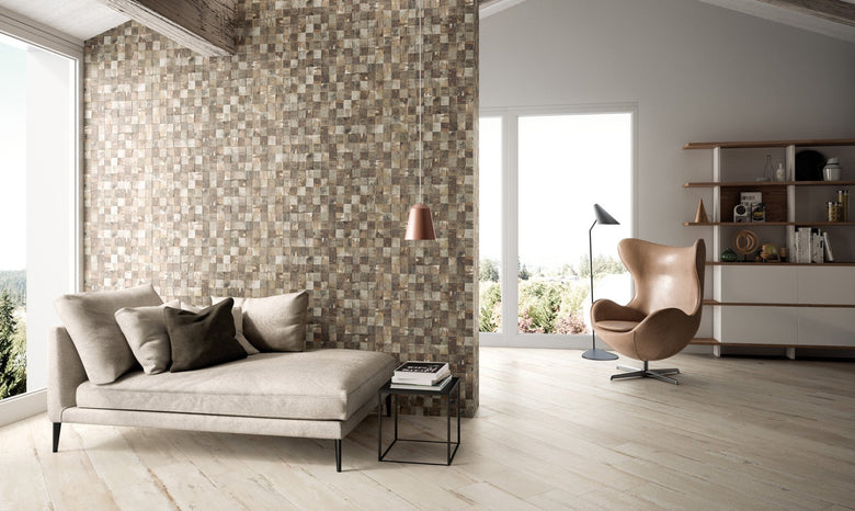 Rivestimento 32X80,5 mosaico effetto legno in gres fine Multicolore in porcellana e naturale, superficie e texture...