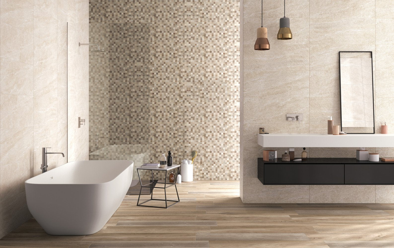 Rivestimento 32X80,5 mosaico in pasta bianca taupe Lithos posata in ambiente arredato, dettaglio della venatura
